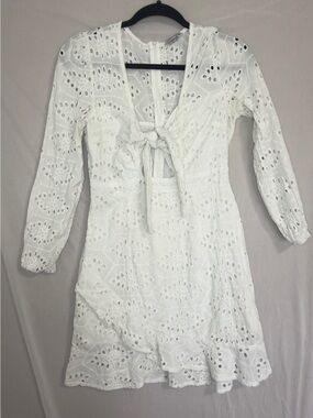 White Eyelet Lace Mini Dress Long Sleeve Tie Front M